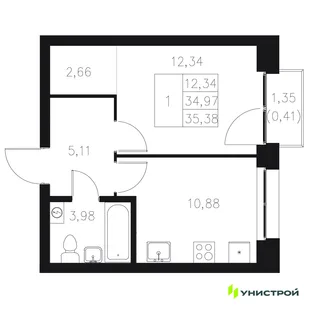 Планировка 1-комн. квартира, 35.38 м² ЖК «Statum»