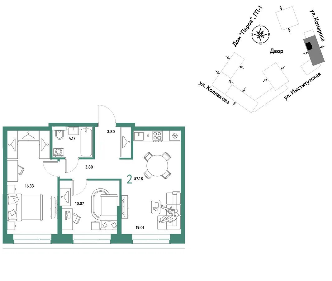 Планировка 2-комн. квартира, 57.18 м² ЖК «Страна.Парковая»