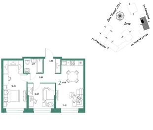 Планировка 2-комн. квартира, 57.18 м² ЖК «Страна.Парковая»