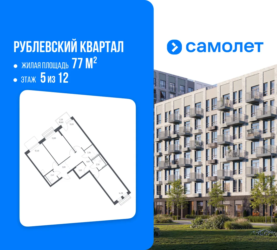 Планировка 3-комн. квартира, 77 м² ЖК «Рублевский квартал»