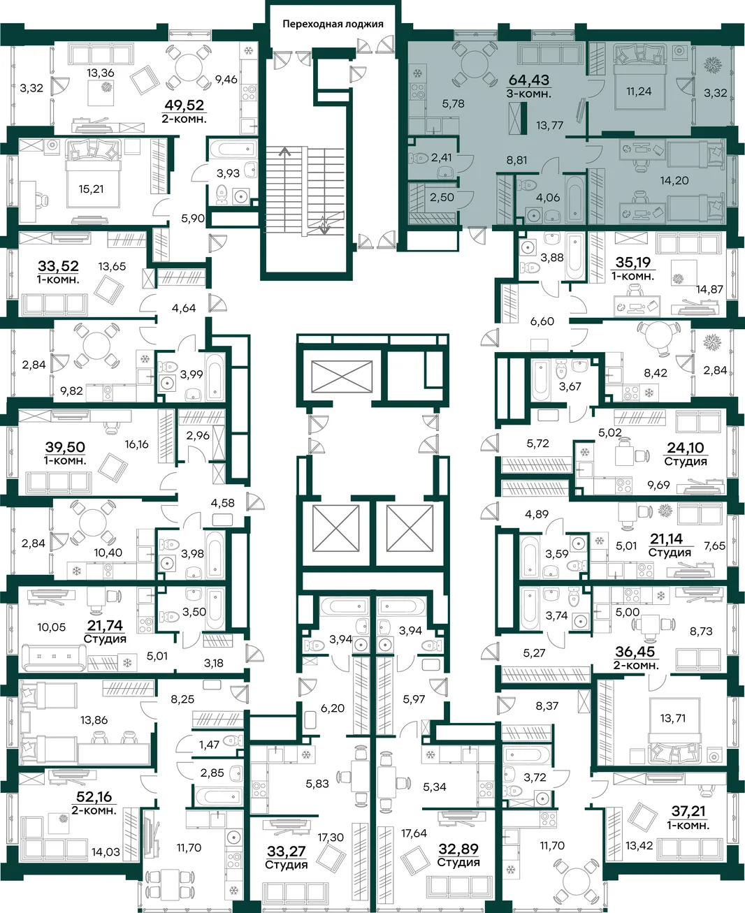 Планировка 3-комн. квартира, 64.43 м² ЖК «Аквамарин 2»