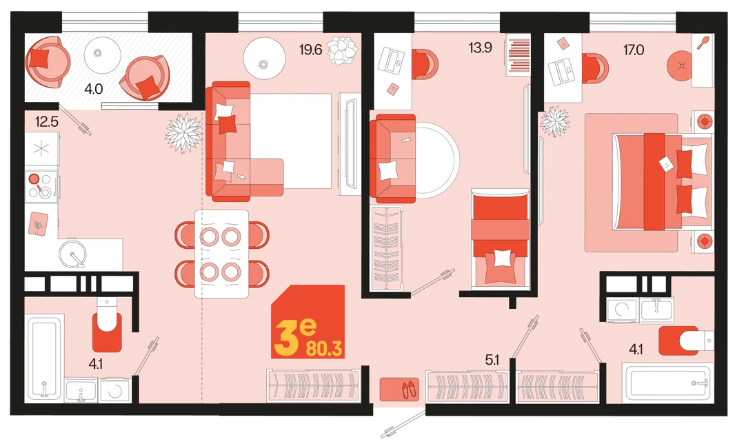 Планировка 3-комн. квартира, 80.3 м² ЖК «Первое место»