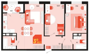 Планировка 3-комн. квартира, 80.3 м² ЖК «Первое место»