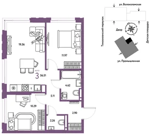 Планировка 3-комн. квартира, 56.51 м² ЖК «Страна Прибрежная»