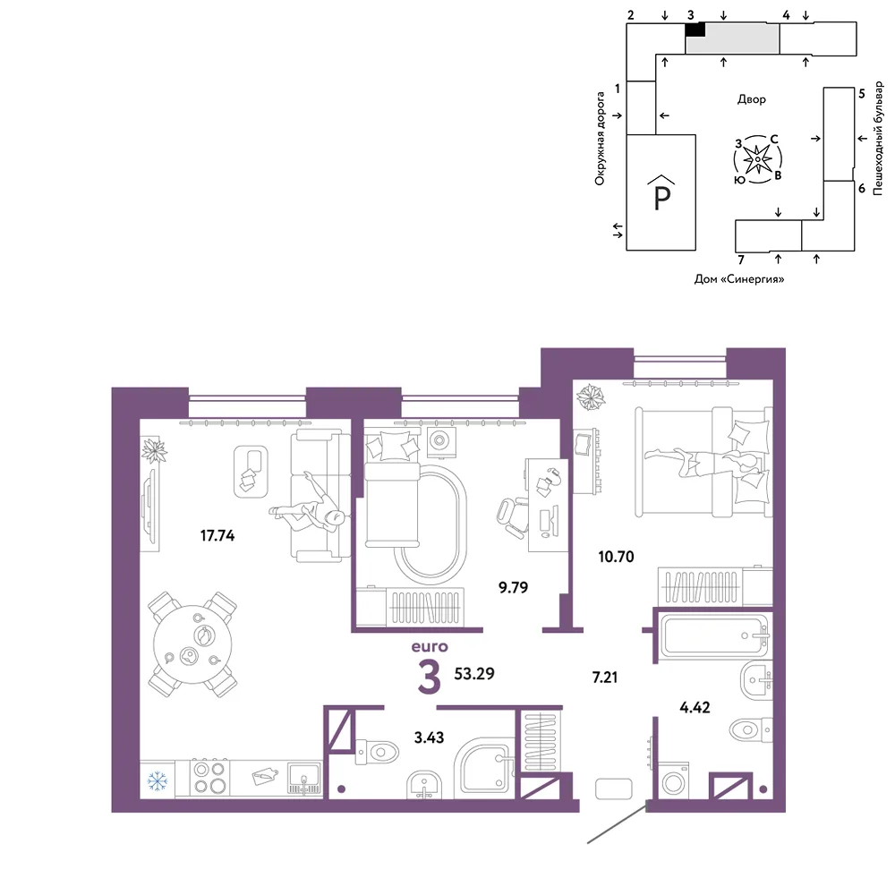 Планировка 3-комн. квартира, 53.29 м² ЖК «Юнион»