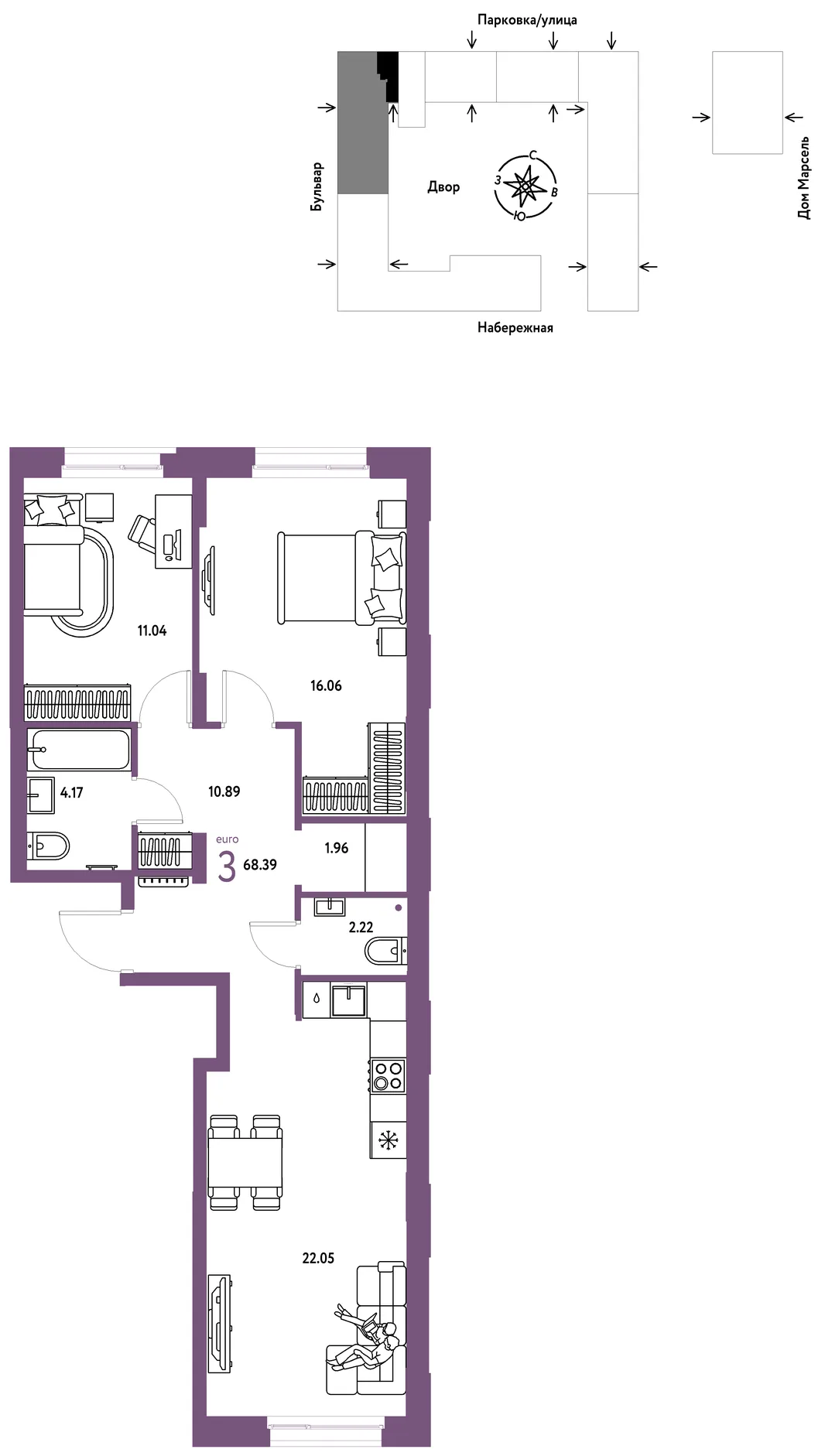 Планировка 3-комн. квартира, 68.39 м² ЖК «Европейский берег 2.0»
