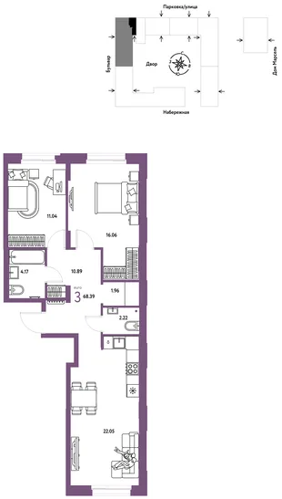 Планировка 3-комн. квартира, 68.39 м² ЖК «Европейский берег 2.0»