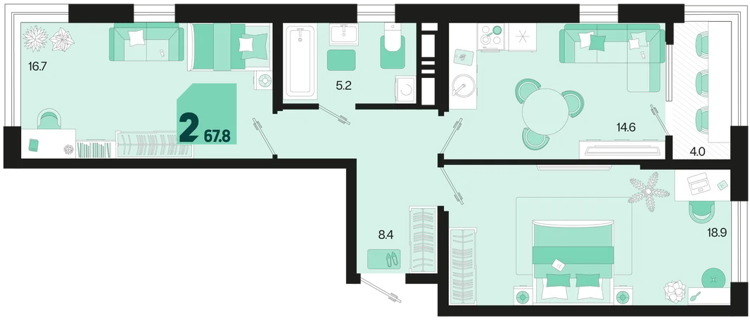 Планировка 2-комн. квартира, 67.8 м² ЖК «Первое место»