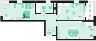 Планировка 2-комн. квартира, 67.8 м² ЖК «Первое место»