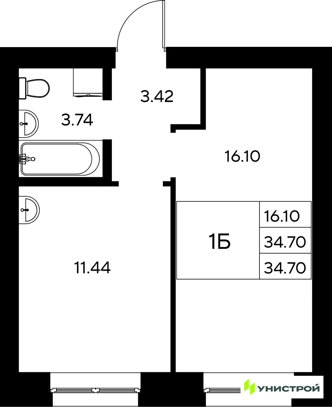 Планировка 1-комн. квартира, 34.7 м² ЖК «Царёво City»