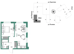Планировка 2-комн. квартира, 38.66 м² ЖК «Остров-сад»