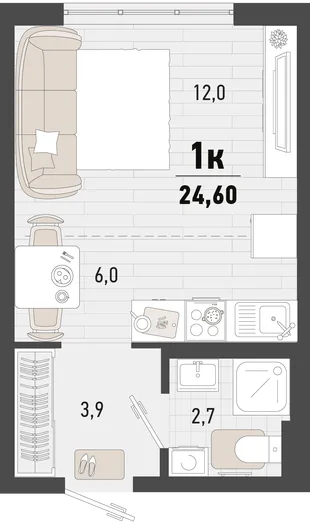 Планировка Студия, 24.6 м² ЖК «Барса»