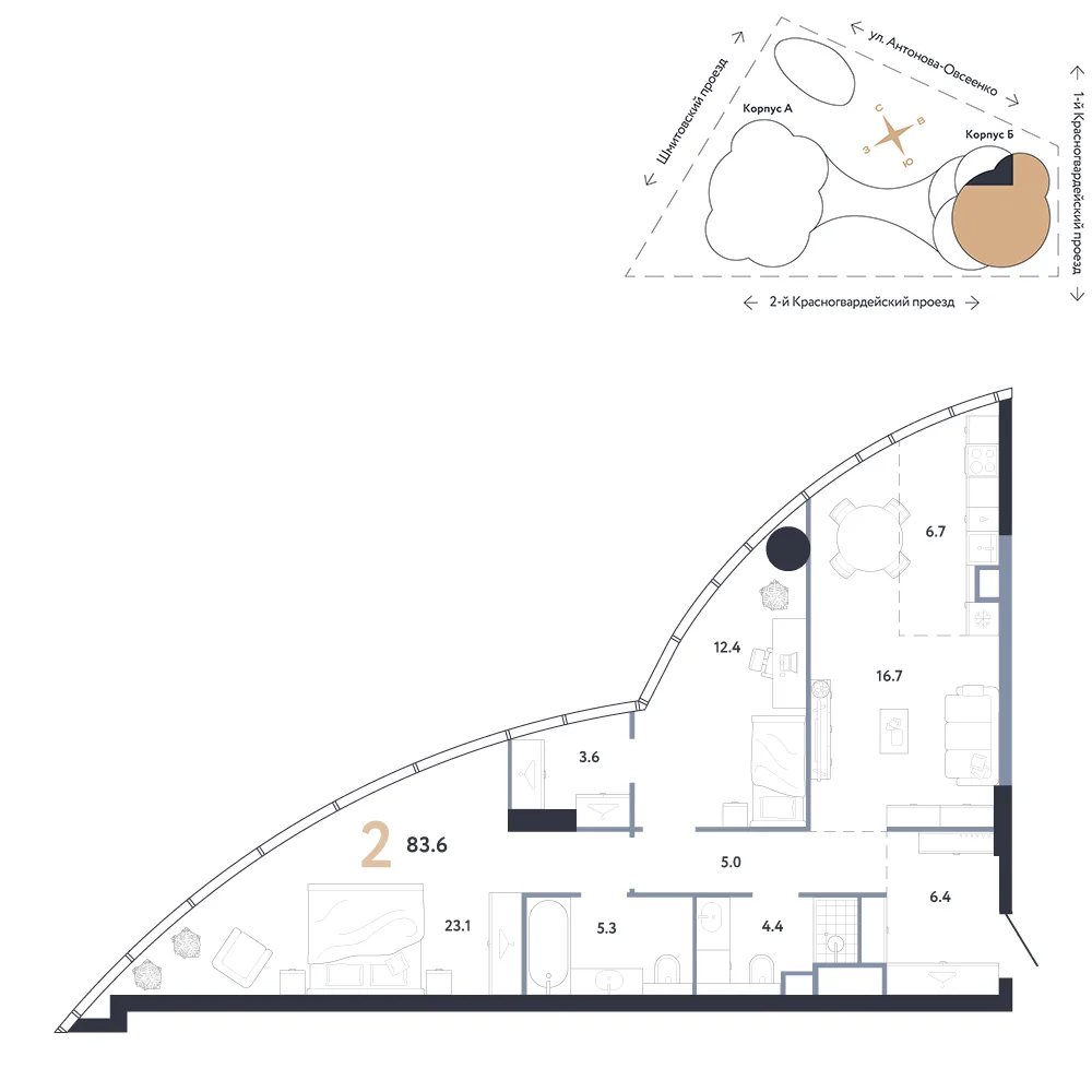 Планировка 2-комн. квартира, 83.6 м² ЖК «АУРУС Резиденции»