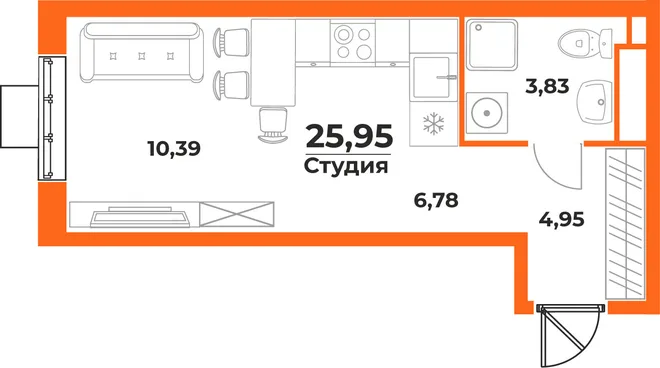 Планировка Студия, 25.95 м² ЖК «Живописный сад» Планировка Студия, 25.95 м² ЖК «Живописный сад»
