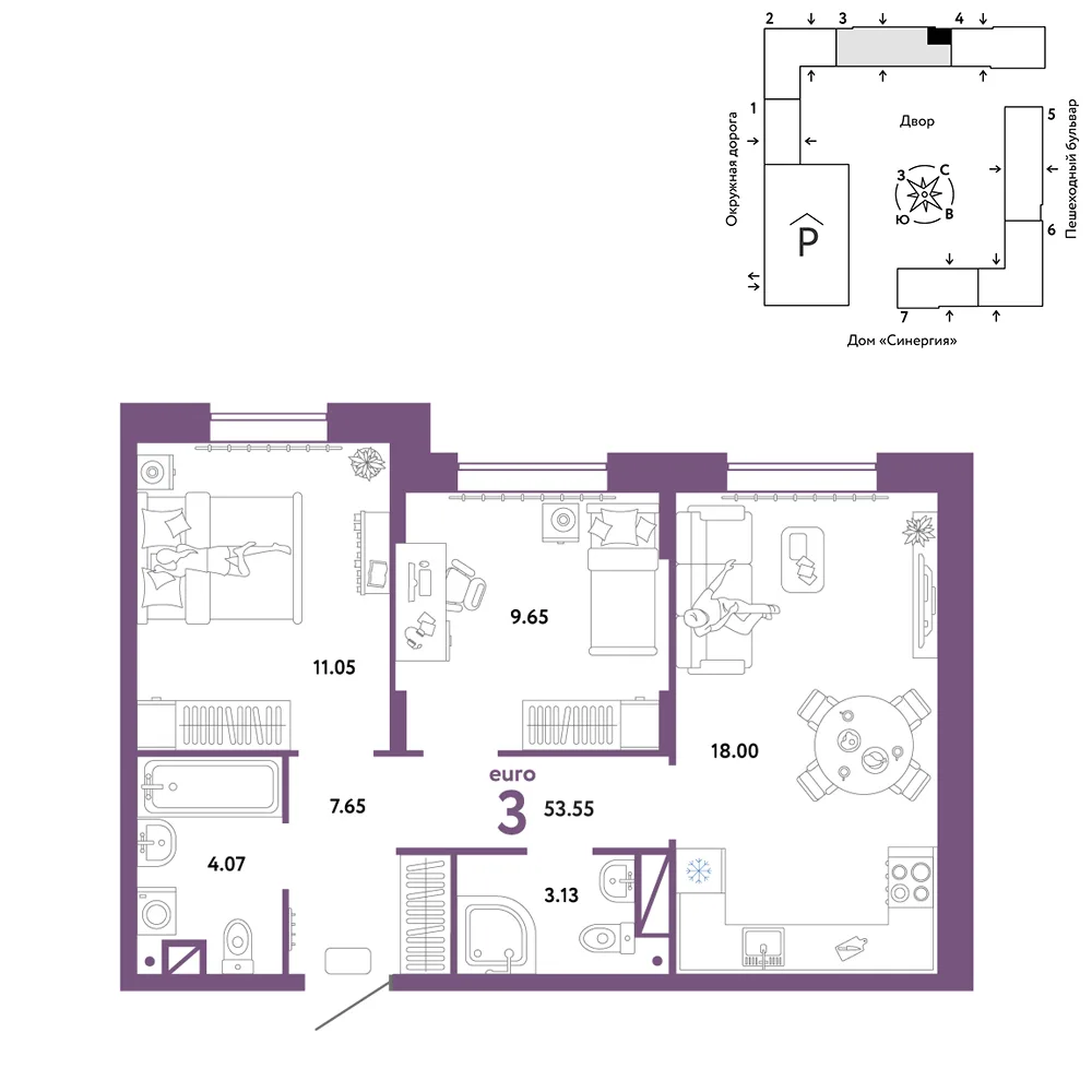 Планировка 3-комн. квартира, 53.55 м² ЖК «Юнион»