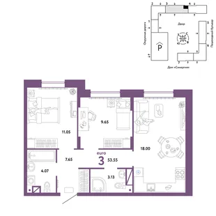 Планировка 3-комн. квартира, 53.55 м² ЖК «Юнион»