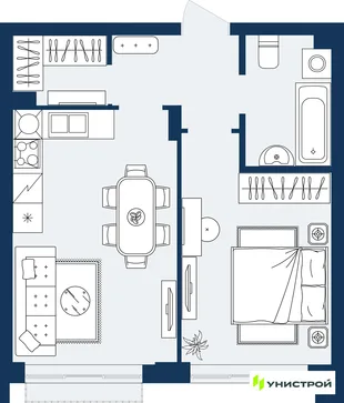 Планировка 1-комн. квартира, 41.62 м² ЖК «ГРАНД БЕРЕГ»