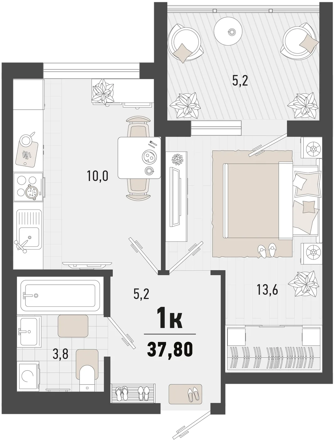 Планировка 1-комн. квартира, 37.8 м² ЖК «Барса»