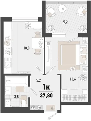 Планировка 1-комн. квартира, 37.8 м² ЖК «Барса»