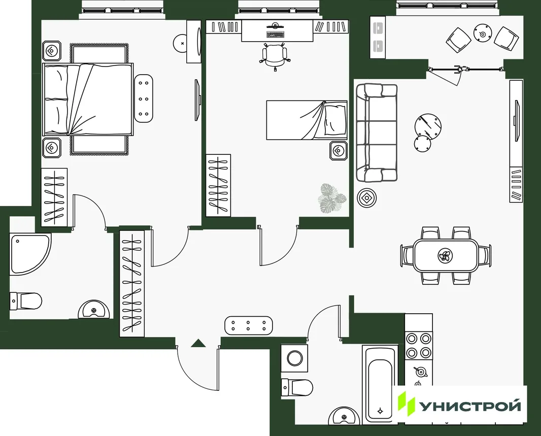 Планировка 2-комн. квартира, 75.44 м² ЖК «Парковый квартал 2.0»