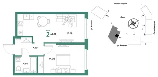 Планировка 2-комн. квартира, 43.18 м² ЖК «Сибирский сад»