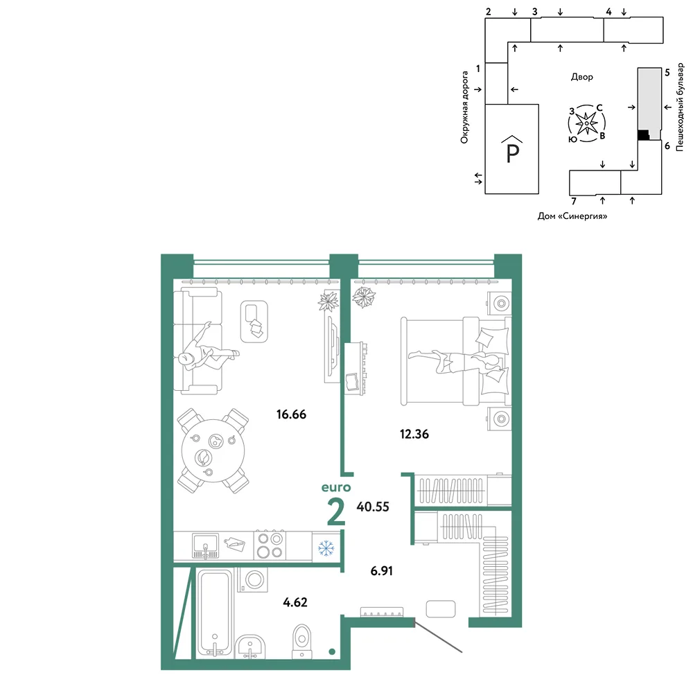 Планировка 2-комн. квартира, 40.55 м² ЖК «Юнион»