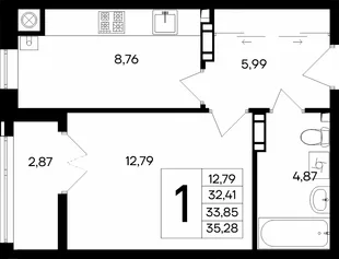 Планировка 1-комн. квартира, 35.28 м² ЖК «Сезоны»