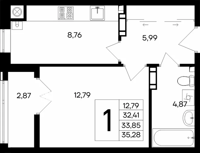 Планировка 1-комн. квартира, 35.28 м² ЖК «Сезоны»