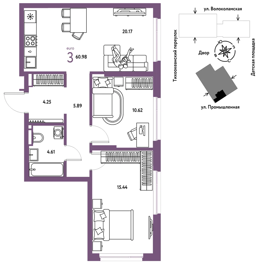 Планировка 3-комн. квартира, 60.98 м² ЖК «Страна Прибрежная»