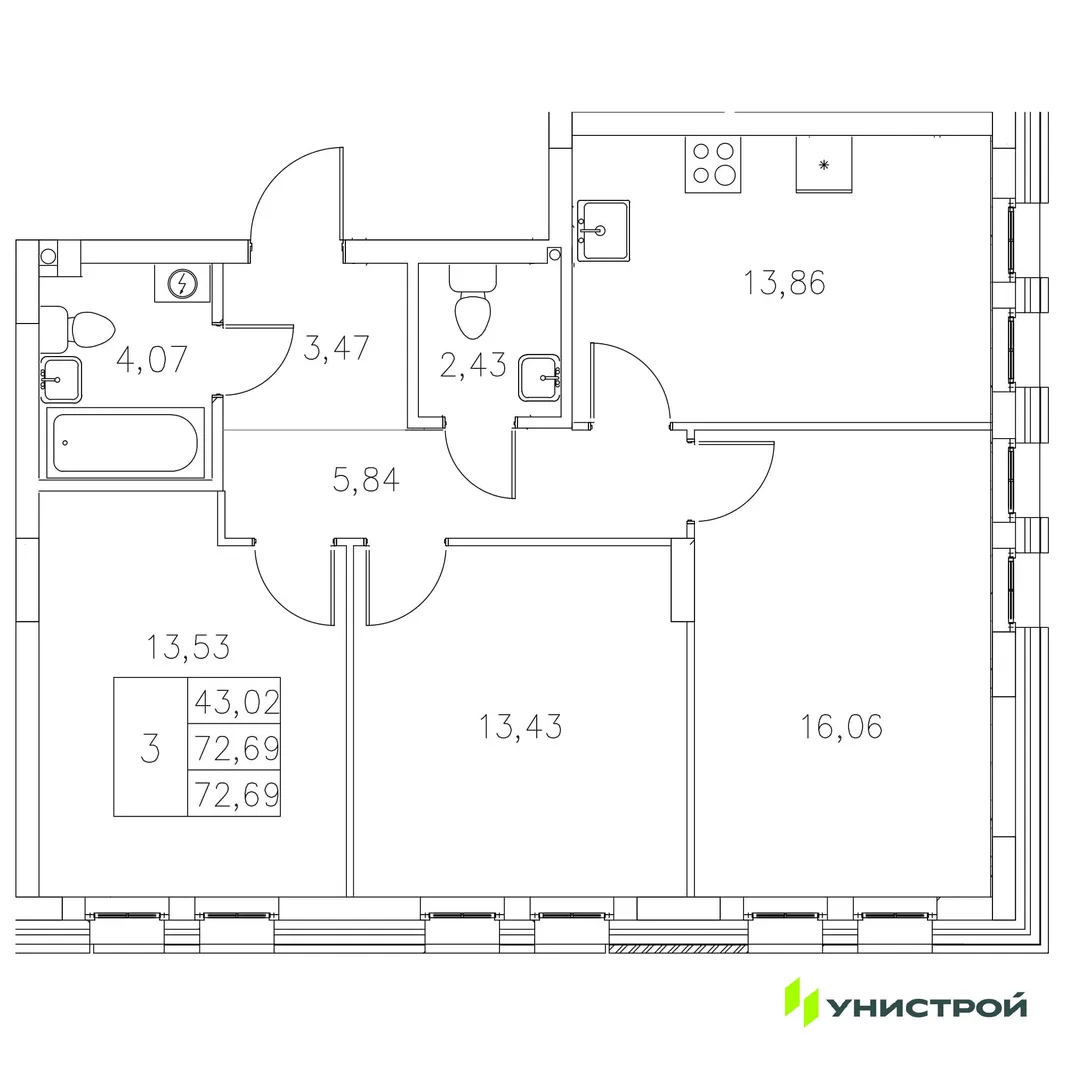 Планировка 3-комн. квартира, 72.69 м² ЖК «Statum»