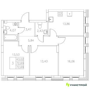 Планировка 3-комн. квартира, 72.69 м² ЖК «Statum»