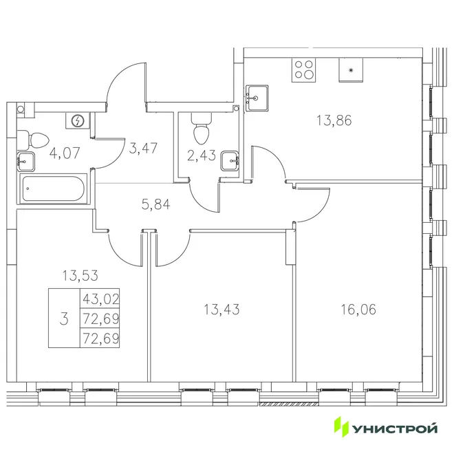 Планировка 3-комн. квартира, 72.69 м² ЖК «Statum» Планировка 3-комн. квартира, 72.69 м² ЖК «Statum»