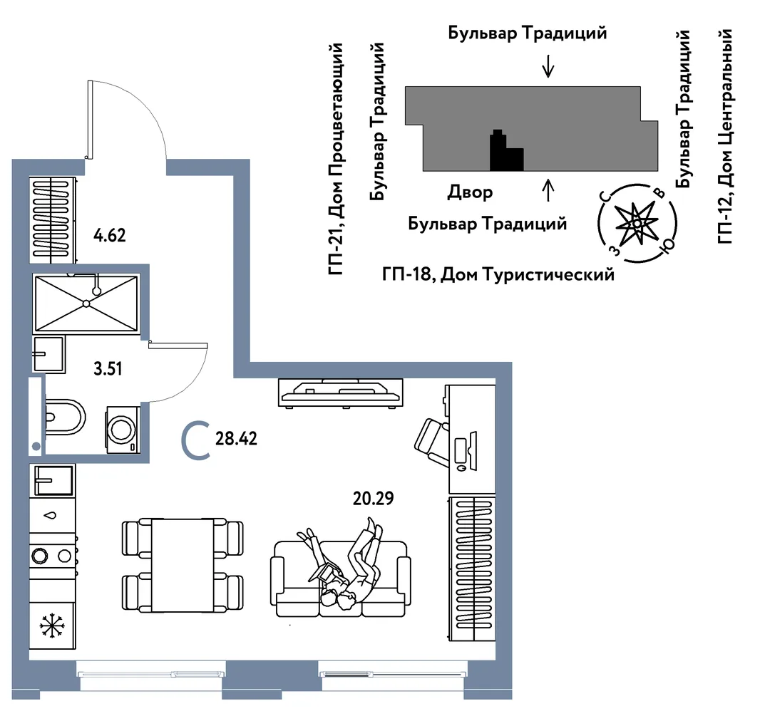Планировка Студия, 28.42 м² ЖК «Микрорайон Домашний»