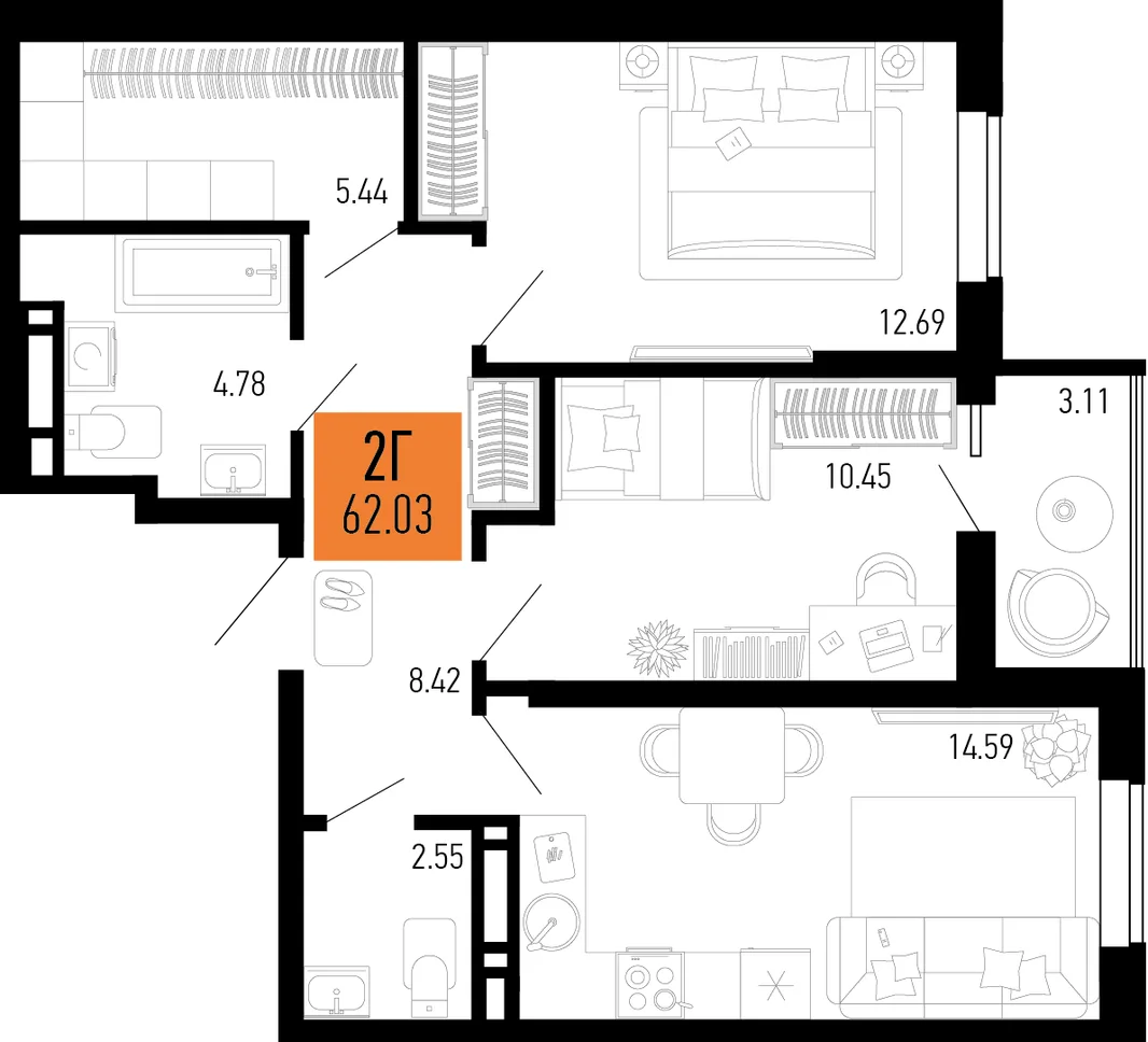 Планировка 2-комн. квартира, 62.03 м² ЖК «Столицыно»