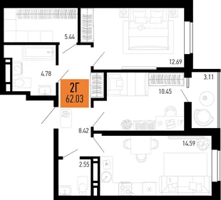 Планировка 2-комн. квартира, 62.03 м² ЖК «Столицыно»