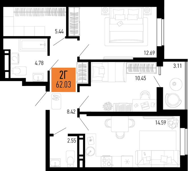 Планировка 2-комн. квартира, 62.03 м² ЖК «Столицыно»