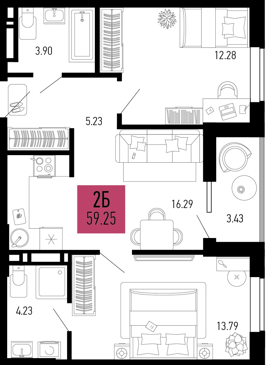 Планировка 2-комн. квартира, 59.25 м² ЖК «Столицыно»