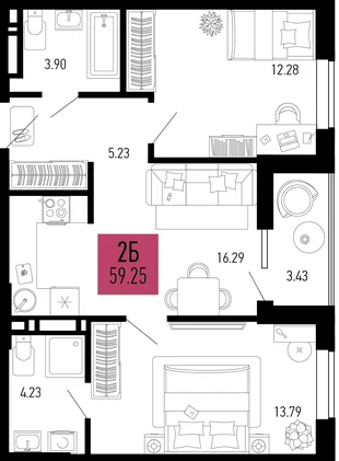 Планировка 2-комн. квартира, 59.25 м² ЖК «Столицыно»