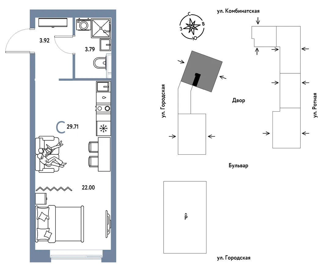Планировка Студия, 29.71 м² ЖК «Уральский сад»