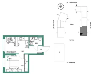Планировка 2-комн. квартира, 29.43 м² ЖК «Уральский сад»