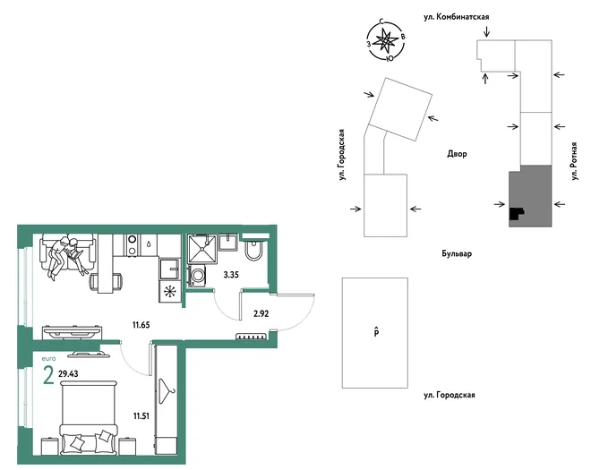 Планировка 2-комн. квартира, 29.43 м² ЖК «Уральский сад» Планировка 2-комн. квартира, 29.43 м² ЖК «Уральский сад»
