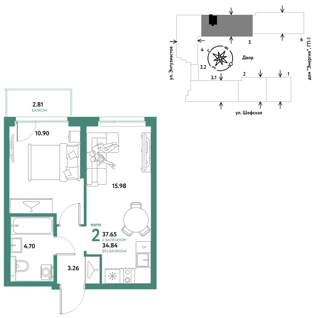 Планировка 2-комн. квартира, 37.65 м² ЖК «Страна.Энтузиастов»