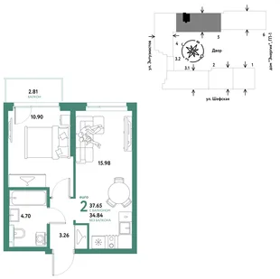 Планировка 2-комн. квартира, 37.65 м² ЖК «Страна.Энтузиастов»