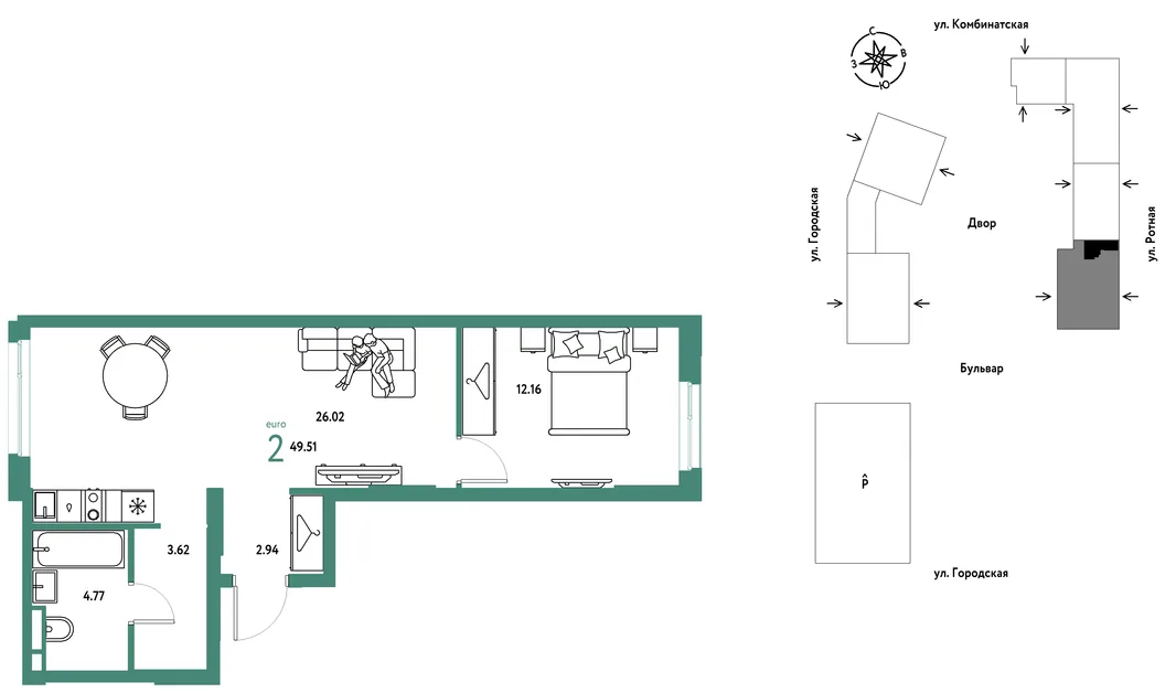 Планировка 2-комн. квартира, 49.51 м² ЖК «Уральский сад»