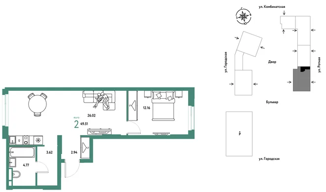 Планировка 2-комн. квартира, 49.51 м² ЖК «Уральский сад» Планировка 2-комн. квартира, 49.51 м² ЖК «Уральский сад»