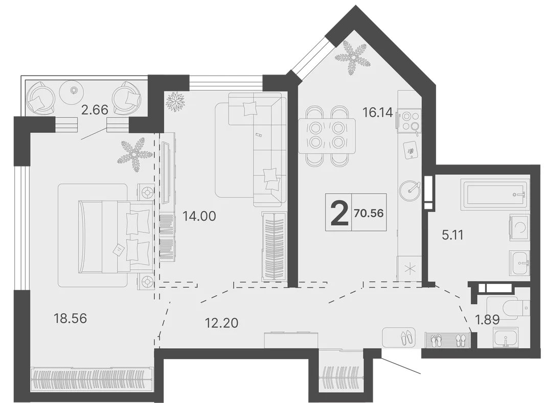 Планировка 2-комн. квартира, 70.56 м² ЖК «Светский лес»