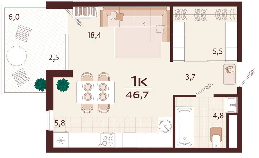 Планировка 1-комн. квартира, 46.7 м² ЖК «Роялта»