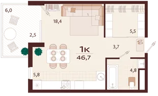 Планировка 1-комн. квартира, 46.7 м² ЖК «Роялта»