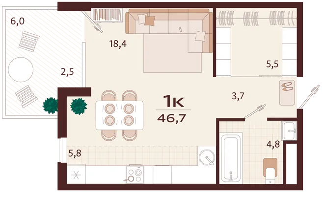 Планировка 1-комн. квартира, 46.7 м² ЖК «Роялта» Планировка 1-комн. квартира, 46.7 м² ЖК «Роялта»