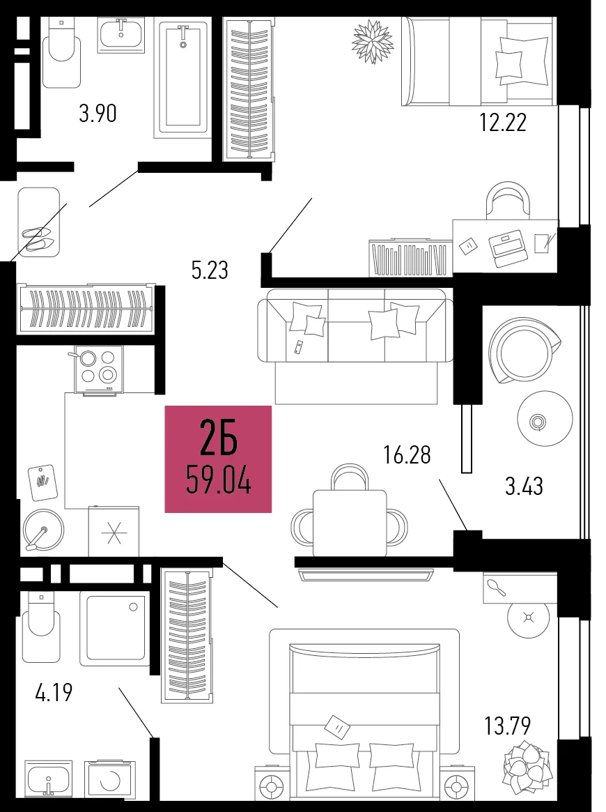 Планировка 2-комн. квартира, 59.04 м² ЖК «Столицыно»